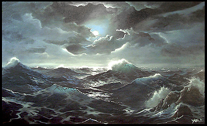 THis photograph shows a stormy sea with high waves; but the sun is alos peaking through the storm clouds.